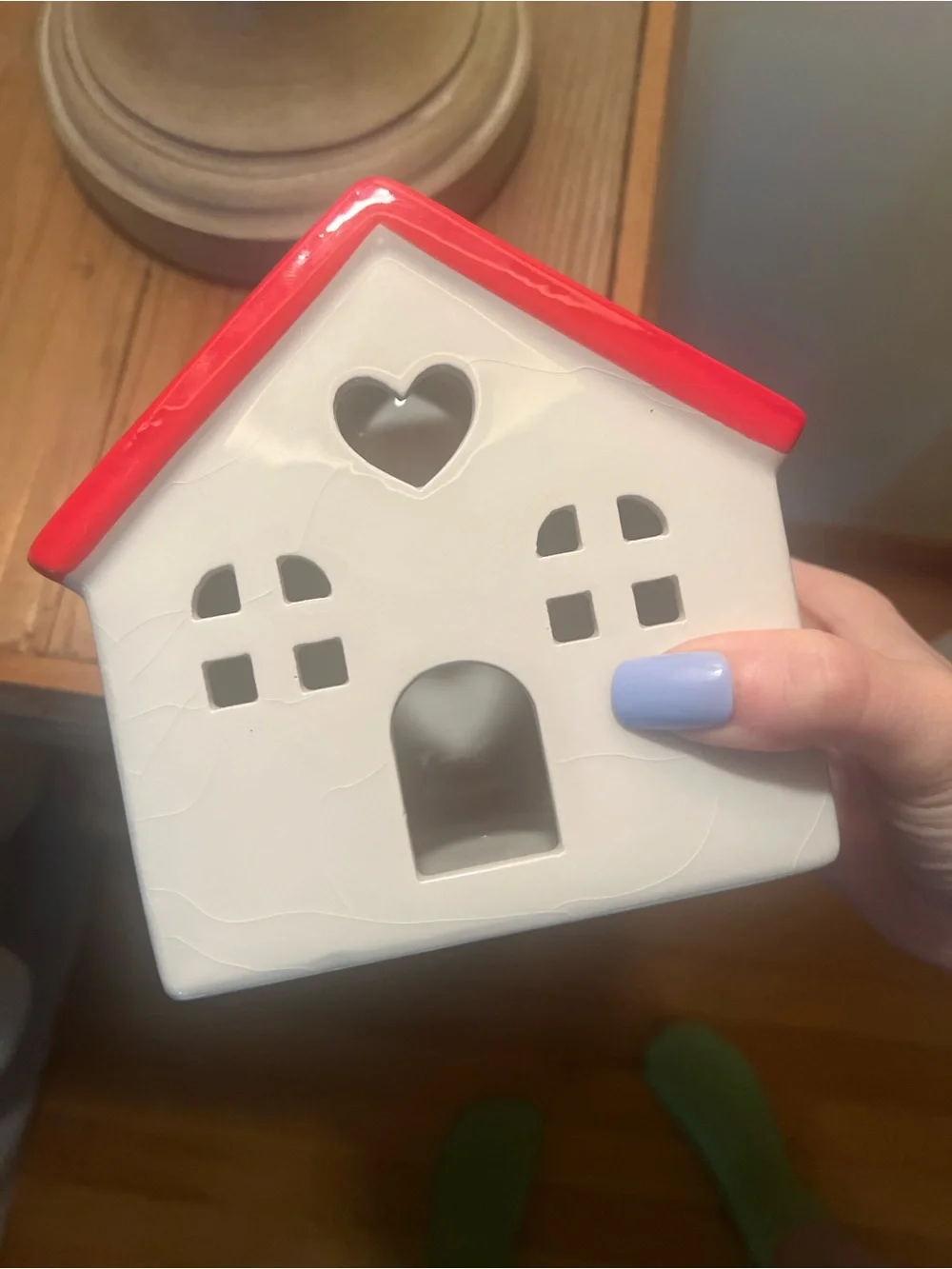 Ceramic Holiday Tea Light Holder - White with Red Roof
